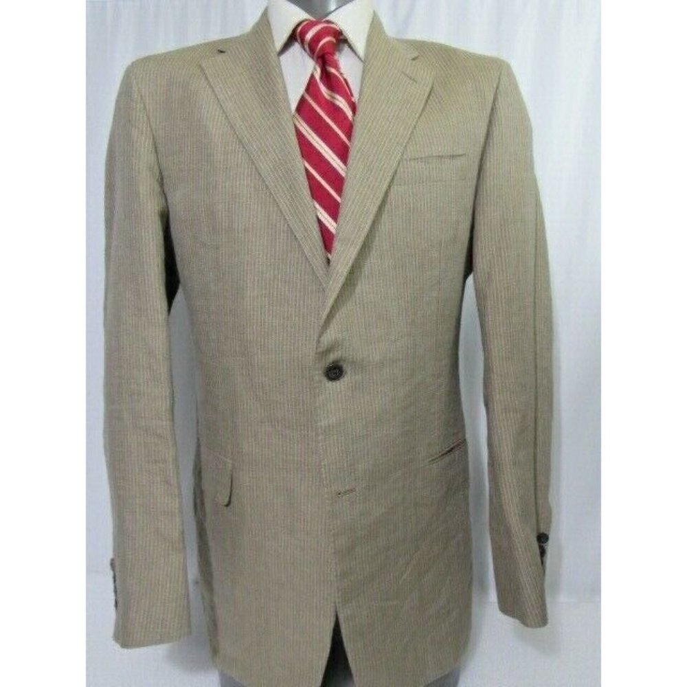 Recent Hickey Freeman 100% Linen Sz 42 L Stripe‎ Tan 2 Buttons Blazer Side Vents